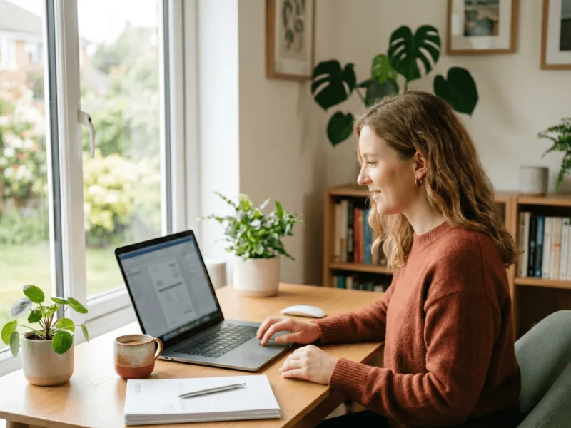 Freelancer working with documents on laptop